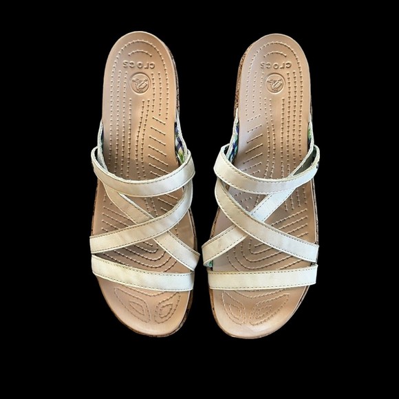 CROCS W11 A Leigh Crisscross Wedge Sandal Tan Leather Heel A-Leigh Cork 11847 - Picture 1 of 12